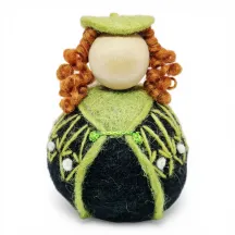 Handmade wool Girl Flóki with curly hair, elegant lime sweater with knot decor. Icelandic souvenir and gift