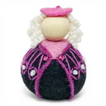 Handmade wool Girl Flóki with curly hair, elegant light pink sweater with knot decor. Icelandic souvenir and gift