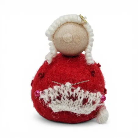 Handmade red wool Knitting Lady Flóki knitting a sweater. Icelandic souvenir and gift