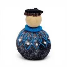 Handmade Shepherd Flóki in a patterned turquoise Icelandic wool sweater and a hat. Icelandic souvenir and gift