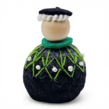 Handmade Shepherd Flóki in a patterned emerald green Icelandic wool sweater and a hat. Icelandic souvenir and gift