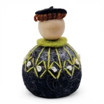 Handmade Shepherd Flóki in a patterned lime green Icelandic wool sweater and a hat. Icelandic souvenir and gift