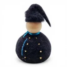 Handmade wool Icelandic Man Flóki wearing a traditional tail hat and turquoise neck scarf. Icelandic souvenir & gift