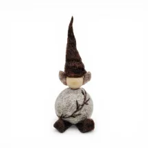 Handmade brown wool Tree Elf Flóki with a pointed hat and a sewn branch on the front. Icelandic souvenir and gift.