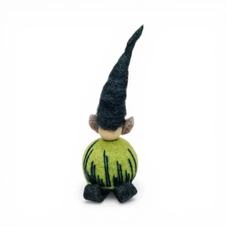 Handmade green wool Grass Elf Flóki with a pointed hat and grass decoration. Icelandic souvenir and gift.
