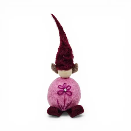 Handmade pink wool Flower Elf Flóki with a burgundy hat and a decorative flower. Icelandic souvenir and gift