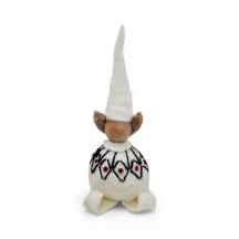 Handmade white wool Elf Flóki in a matching hat and black & red pattern stitched sweater. Icelandic souvenir and gift