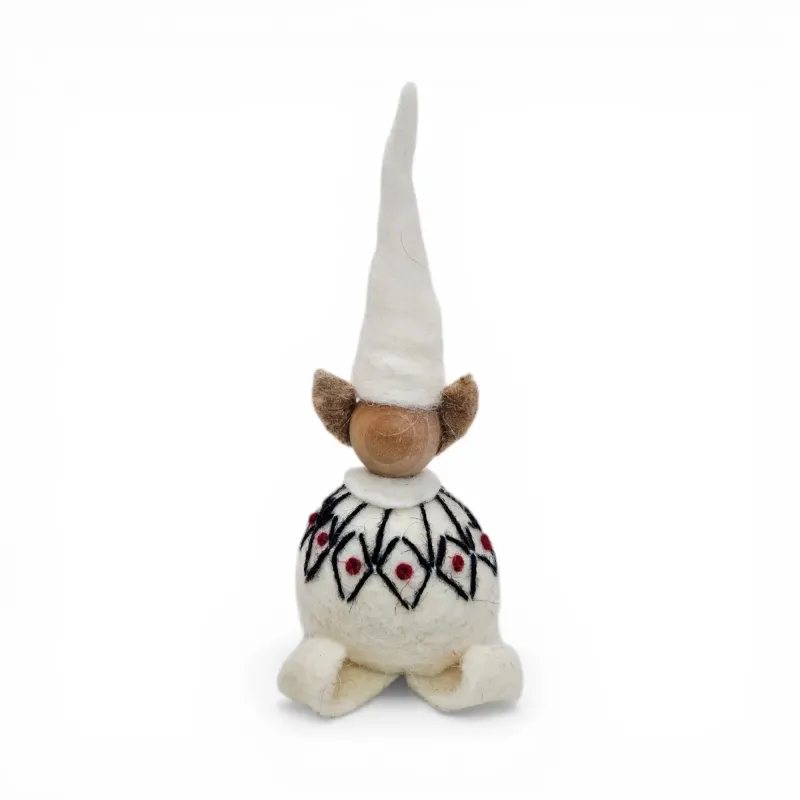 Handmade white wool Elf Flóki in a matching hat and black & red pattern stitched sweater. Icelandic souvenir and gift