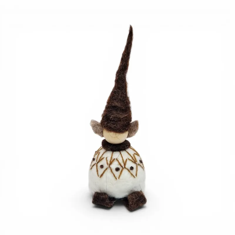 Handmade white wool Elf Flóki in a matching brown hat and sweater. Icelandic souvenir and gift