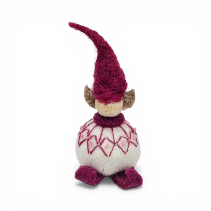 Handmade white wool Elf Flóki in a matching burgundy hat and sweater. Icelandic souvenir and gift
