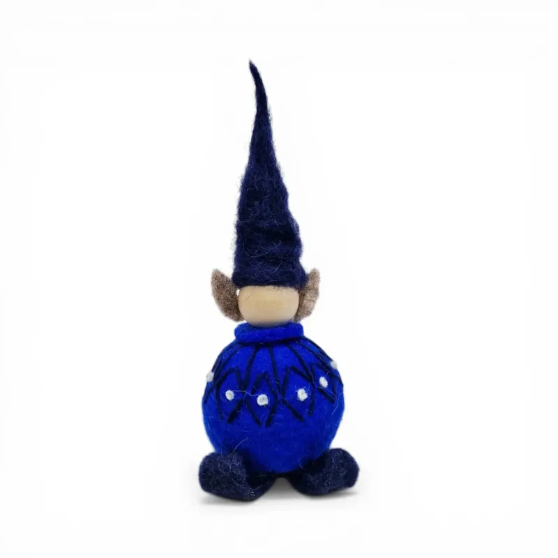 Handmade blue wool Elf Flóki in a matching sweater and hat. Icelandic souvenir and gift