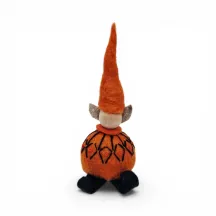 Handmade orange wool Elf Flóki in a matching sweater and hat. Icelandic souvenir and gift