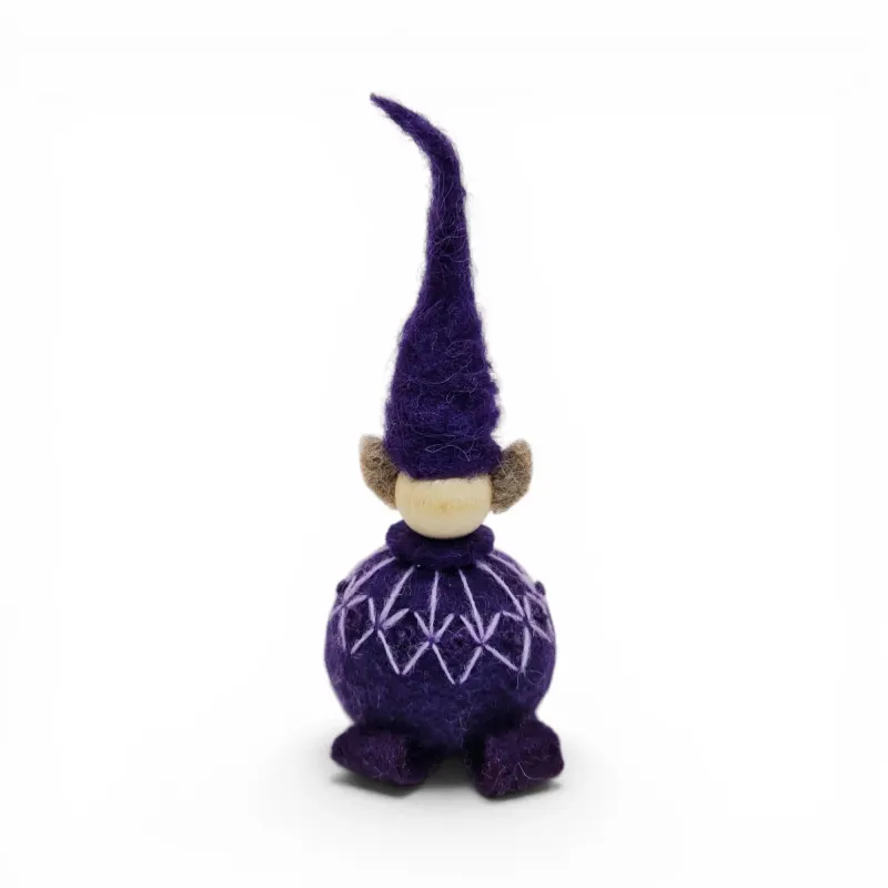 Handmade purple wool Elf Flóki in a matching hat and a sweater with light purple pattern. Icelandic souvenir and gift
