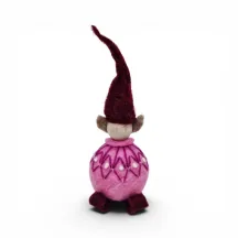Handmade pink wool Elf Flóki in a burgundy hat and matching sweater. Icelandic souvenir and gift