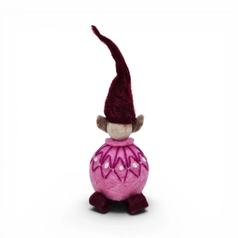 Handmade pink wool Elf Flóki in a burgundy hat and matching sweater. Icelandic souvenir and gift