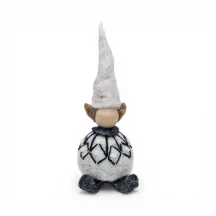 Handmade light gray wool Elf Flóki in a matching hat and a sweater with black pattern. Icelandic souvenir and gift