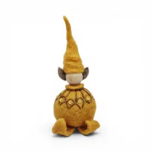 Handmade curry wool Elf Flóki in a matching hat and a sweater with brown pattern. Icelandic souvenir and gift