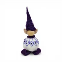 Handmade white wool Elf Flóki in a matching purple hat and sweater. Icelandic souvenir and gift
