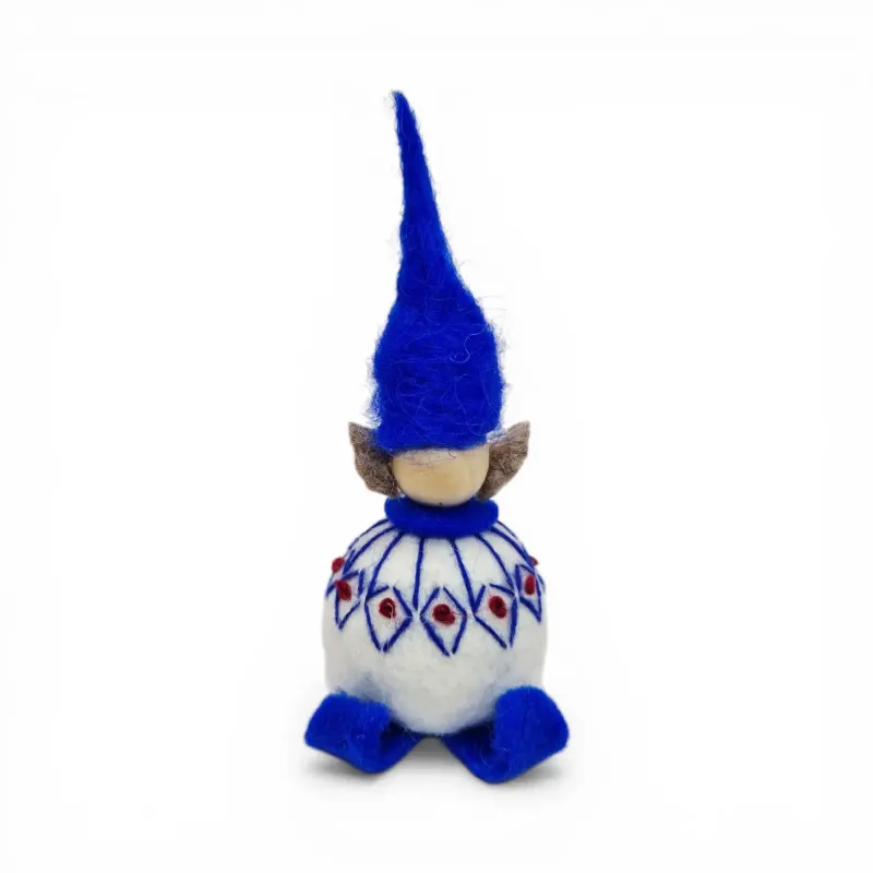 Handmade white wool Elf Flóki in a matching blue hat and sweater. Icelandic souvenir and gift