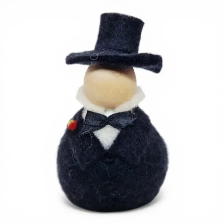 Handmade wool Bridegroom Flóki in a black suit, top hat, black bow, and red boutonniere. Icelandic souvenir and gift