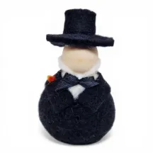 Handmade wool Bridegroom Flóki in a black suit, top hat, black bow, and orange boutonniere. Icelandic souvenir and gift