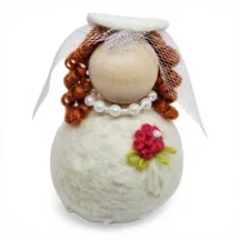 Handmade Bride Flóki with red hair, pink bouquet, veil, necklace. Icelandic souvenir and gift
