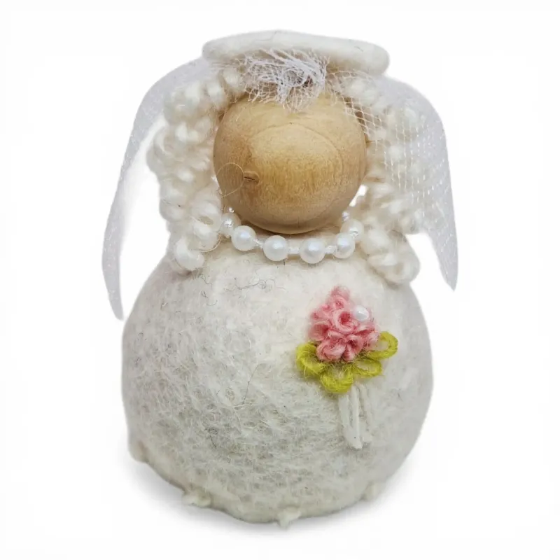 Handmade Bride Flóki with blond hair, light pink bouquet, veil, necklace. Icelandic souvenir and gift