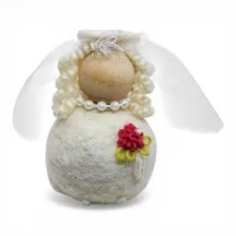 Handmade Bride Flóki with blond hair, pink bouquet, veil, necklace. Icelandic souvenir and gift