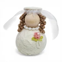 Handmade Bride Flóki with light brown hair, light pink bouquet, veil, necklace. Icelandic souvenir and gift