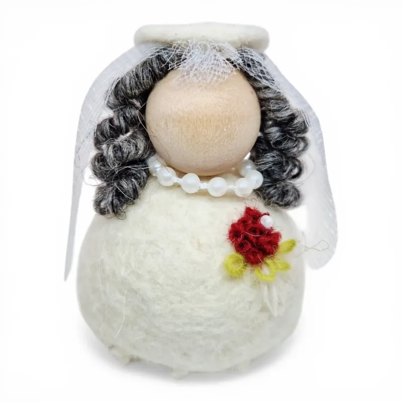 Handmade Bride Flóki with gray hair, red bouquet, veil, necklace. Icelandic souvenir and gift