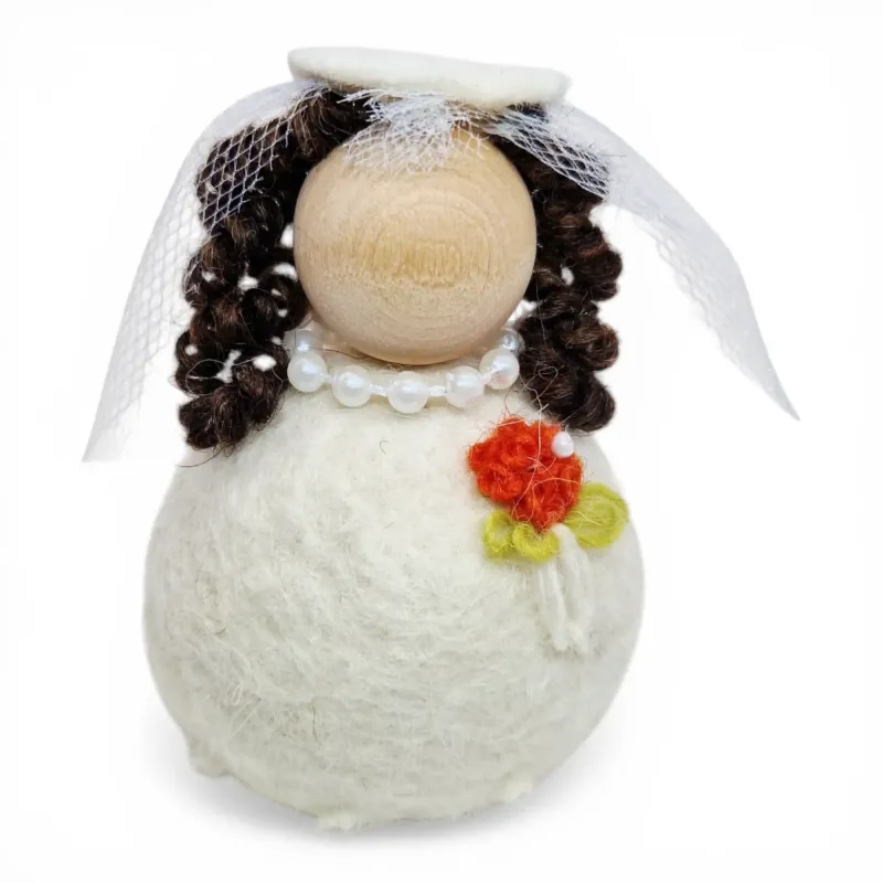 Handmade Bride Flóki with brown hair, orange bouquet, veil, necklace. Icelandic souvenir and gift