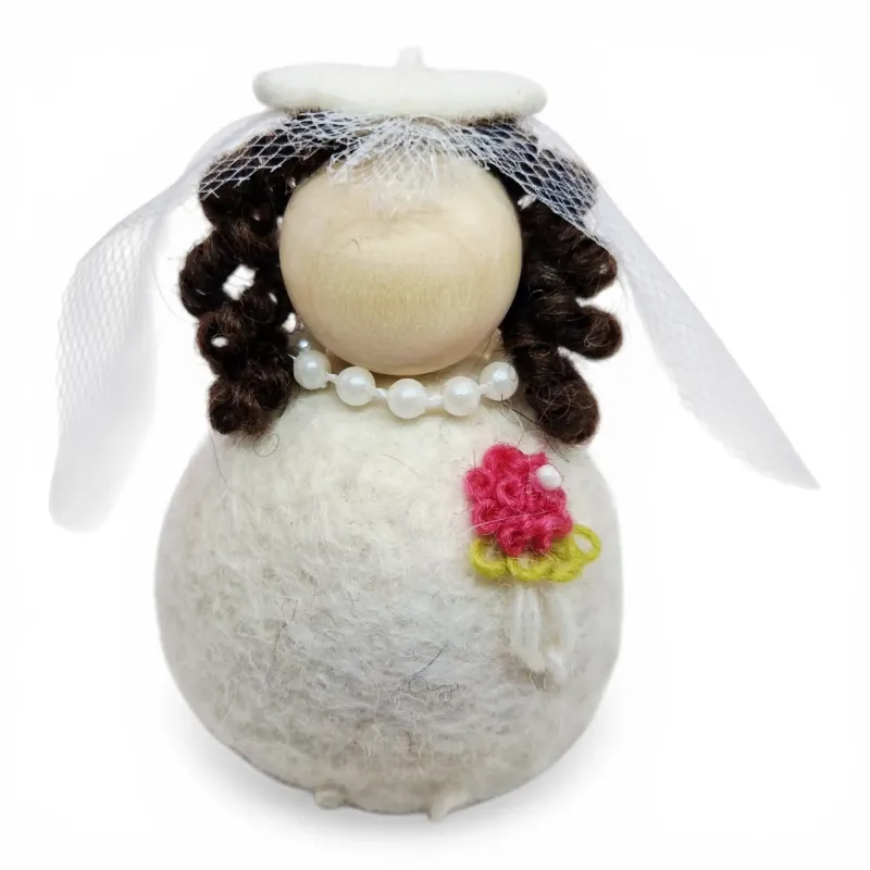 Handmade Bride Flóki with brown hair, pink bouquet, veil, necklace. Icelandic souvenir and gift