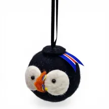 Handmade wool Puffin ball ornament Flóki with Icelandic flag, left profile angle. Icelandic souvenir and gift.