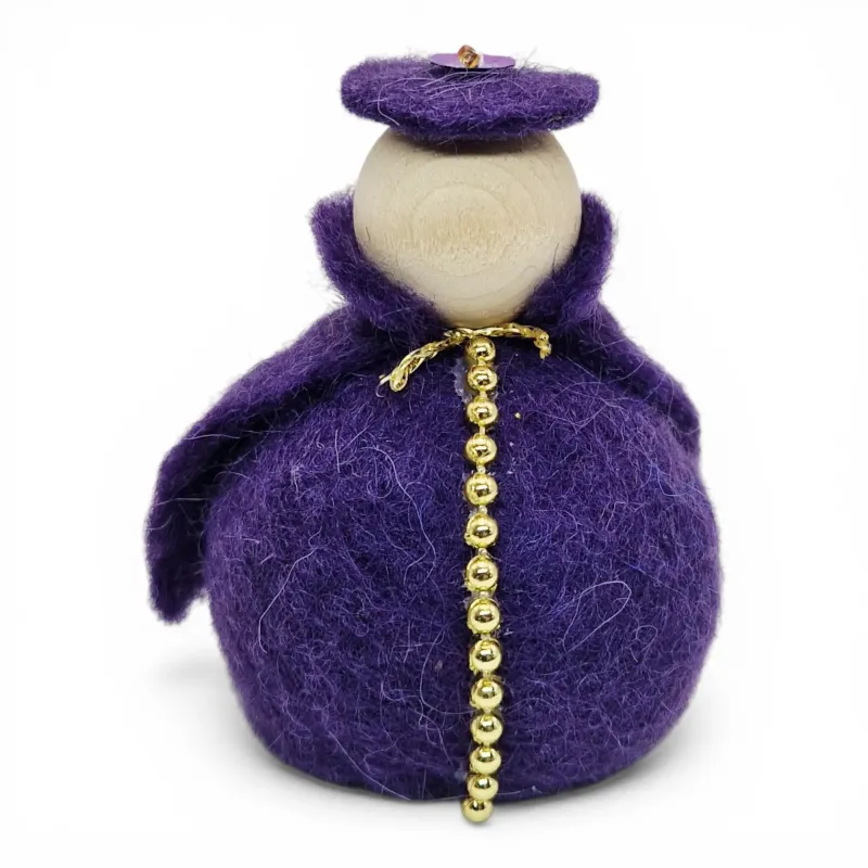 Handmade wool Wise Man Flóki nativity figurine, Christmas king in a purple robe with a golden decor. Icelandic souvenir and gift