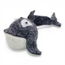 Handmade  blue wool whale Flóki named Sjonni, with a friendly smile and hanging loop. Icelandic souvenir and gift