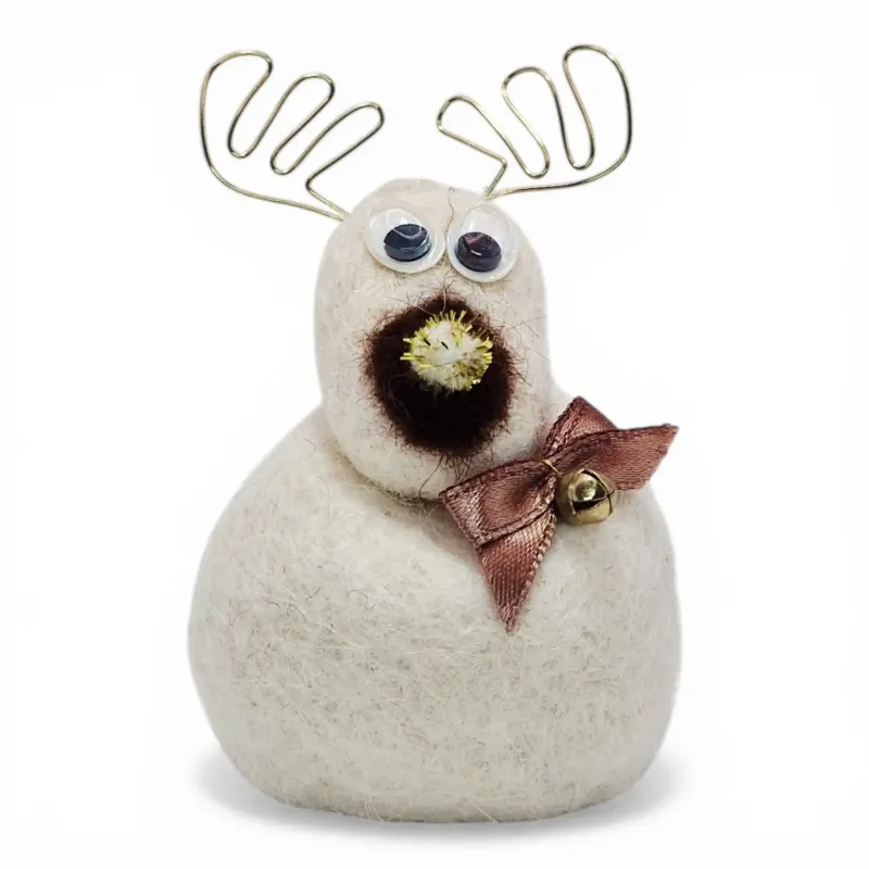 Handmade white wool Reindeer Flóki with a brown bow and a golden bell. Icelandic souvenir and gift