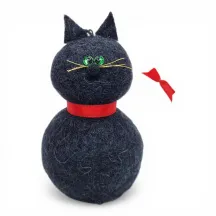 Handmade black wool Christmas Cat Flóki, large size, with red collar and matching tail bow, Icelandic folk art and gift