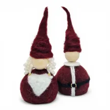 Handmade wool Burgundy Christmas Couple Flóki, Mrs. Claus in heart apron and Santa in belted jacket. Icelandic souvenir & gift