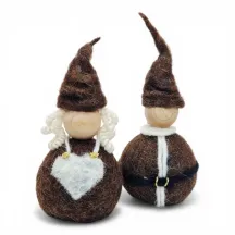 Handmade wool brown Christmas Couple Flóki, Mrs. Claus in heart apron and Santa in belted jacket. Icelandic souvenir & gift
