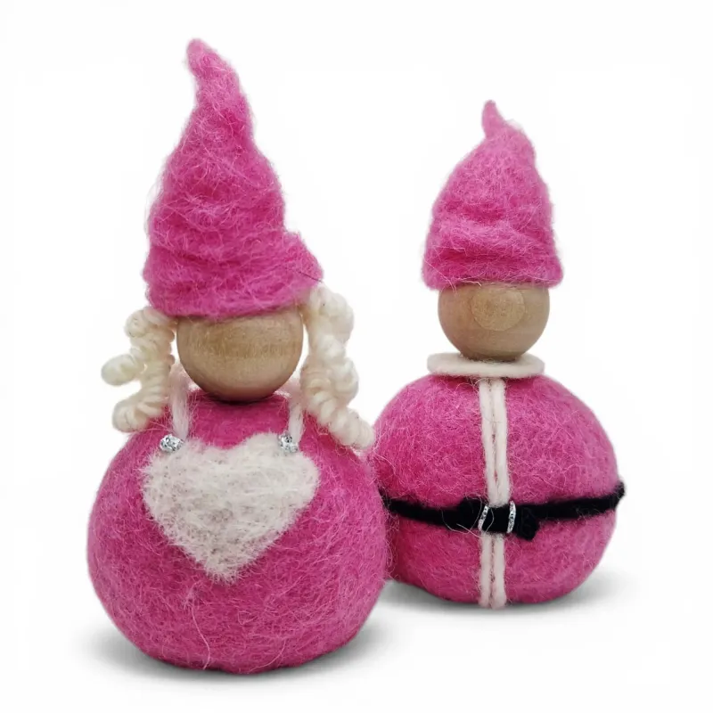Handmade wool light pink Christmas Couple Flóki, Mrs. Claus in heart apron and Santa in belted jacket. Icelandic souvenir & gift