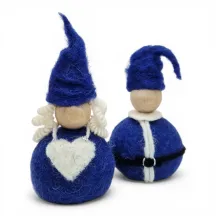 Handmade wool blue Christmas Couple Flóki, Mrs. Claus in heart apron and Santa in belted jacket. Icelandic souvenir & gift