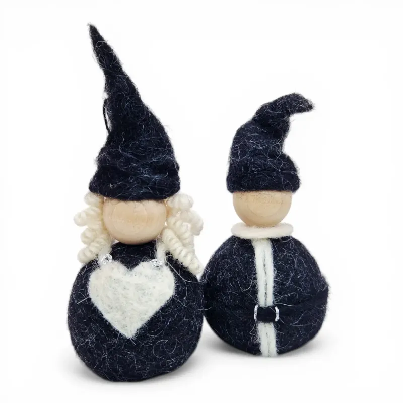 Handmade wool black Christmas Couple Flóki, Mrs. Claus in heart apron and Santa in belted jacket. Icelandic souvenir & gift