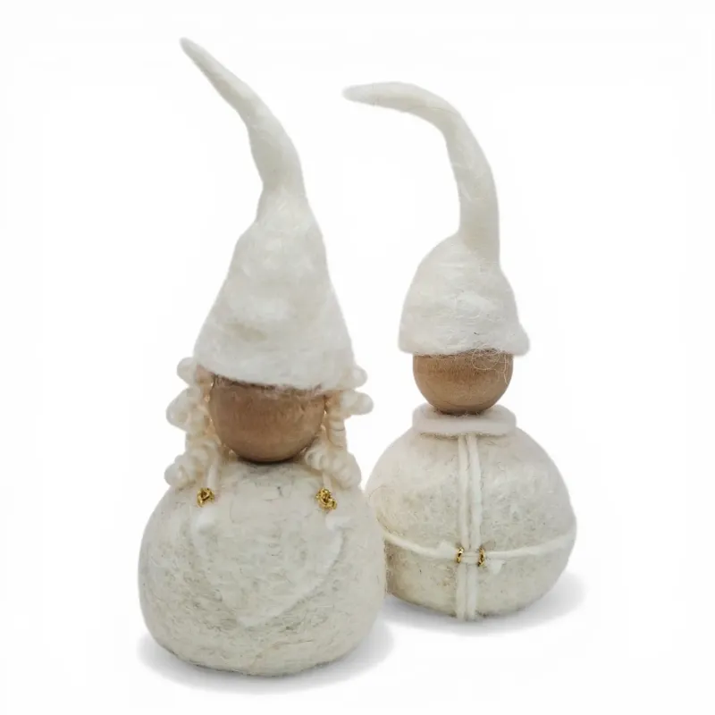 Handmade wool white Christmas Couple Flóki, Mrs. Claus in heart apron and Santa in belted jacket. Icelandic souvenir & gift