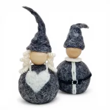 Handmade wool grey Christmas Couple Flóki, Mrs. Claus in heart apron and Santa in belted jacket. Icelandic souvenir & gift