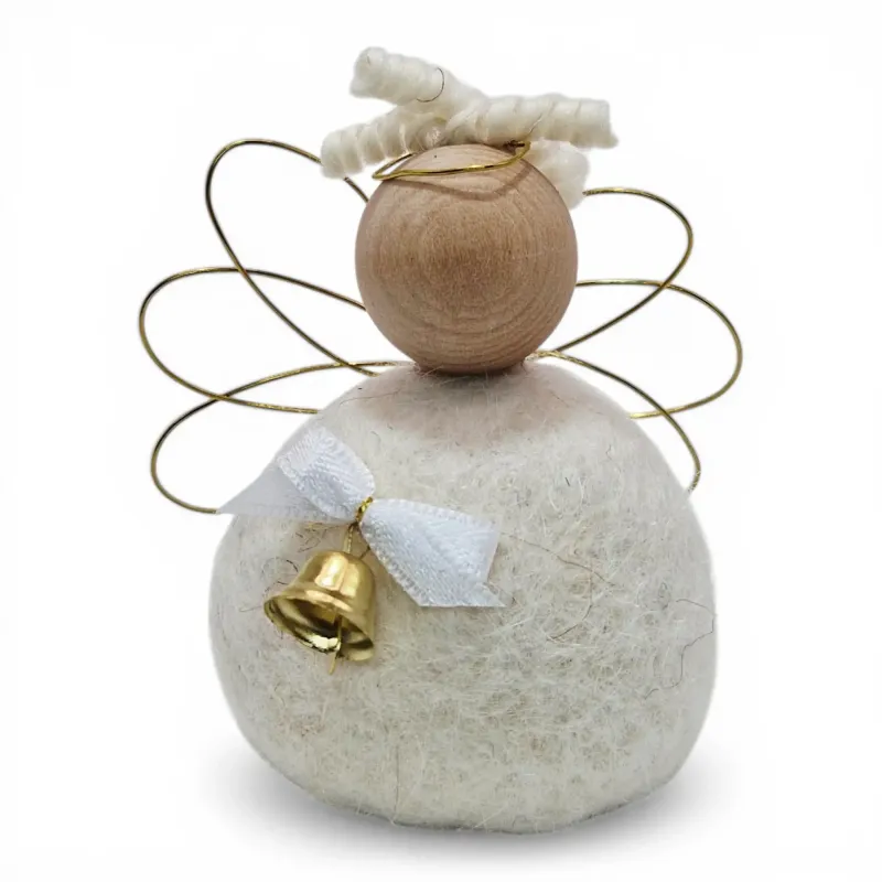 Handmade wool white Angel Flóki with wings, halo, and a bow with a bell. Icelandic souvenir and gift