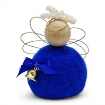 Handmade wool navy blue Angel Flóki with wings, halo, and a bow with a bell. Icelandic souvenir and gift