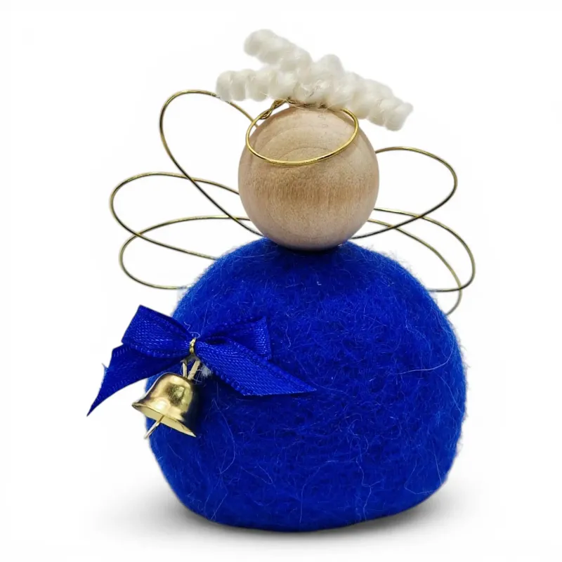 Handmade wool navy blue Angel Flóki with wings, halo, and a bow with a bell. Icelandic souvenir and gift