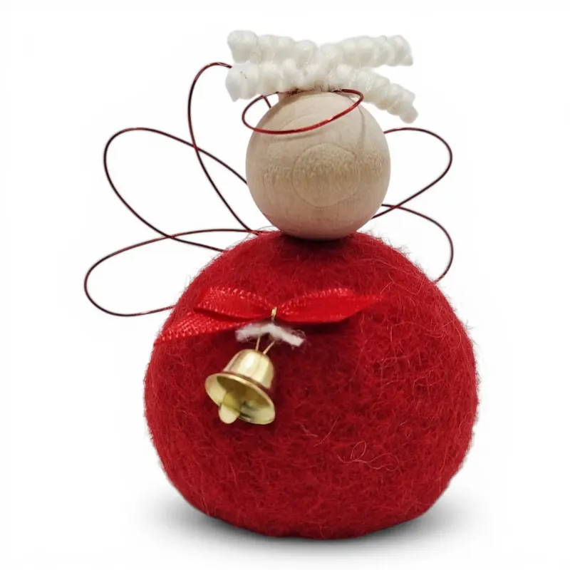 Handmade wool red Angel Flóki with wings, halo, and a bow with a bell. Icelandic souvenir and gift