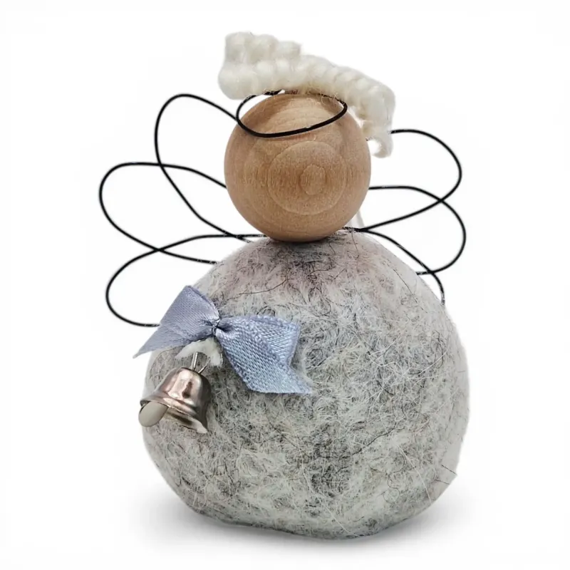 Handmade wool light grey Angel Flóki with wings, halo, and a bow with a bell. Icelandic souvenir and gift