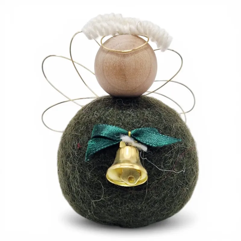 Handmade wool moss green Angel Flóki with wings, halo, and a bow with a bell. Icelandic souvenir and gift